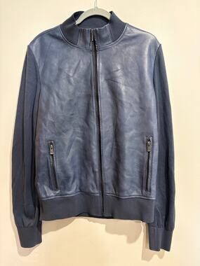 NWT Regency Liam Lamb Leather & Knit Moto Bomber Jacket Blue Men's Size S-XL